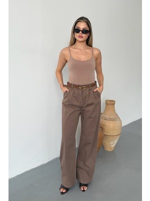 Jee Lee Kadın Beli Kemerli Çift Cepli Palazzo Pantolon Kahverengi - 26Y 5429