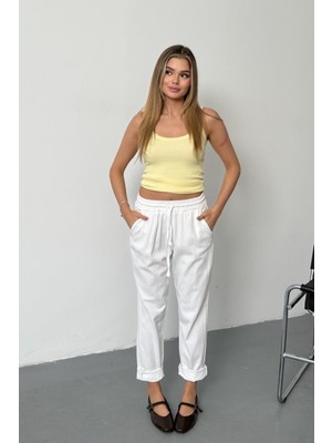 Jee Lee Kadın Beli Ayarlanabilir Çift Cepli Pantolon Beyaz - 26Y YP5295