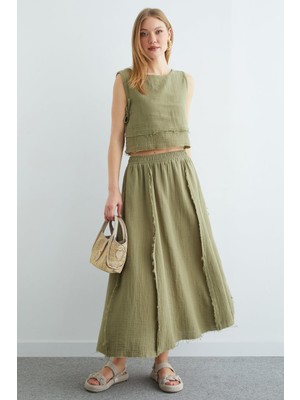 FullaModa Beli Lastikli Püsküllü Etekli Müslin 2 Li Takım