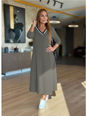 Stelol Kadın Uzun Kollu V Yakalı Midi Çağla Yeşili Modal Elbise