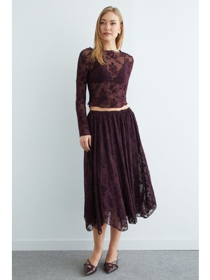 FullaModa Beli Lastikli Çiçek Desenli Astarlı Transparan Etek