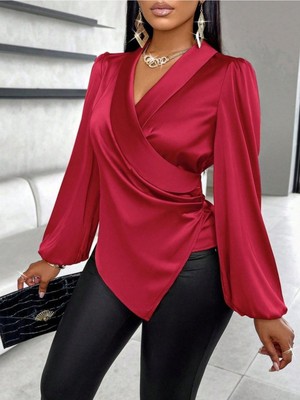 Stelol Kadın Uzun Kollu Kruvaze Yakalı Asimetrik Saten Bluz