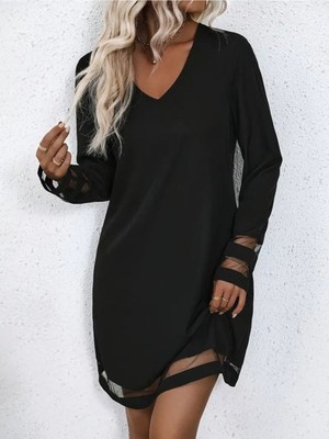 Stelol Kadın Uzun Kollu V Yakalı Şeritli Tül Detaylı Ithal Krep Elbise