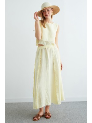 FullaModa Beli Lastikli Püsküllü Etekli Müslin 2 Li Takım