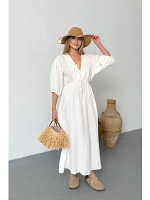 Jee Lee Kadın Bağlama Detaylı %100 Pamuklu Uzun Elbise Beyaz - 26Y 3008