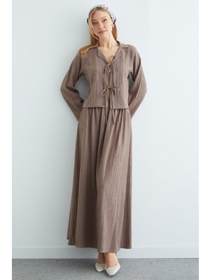 FullaModa Önü Bağlamalı Beli Lastikli Etekli 2 Li Takım