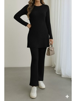 Stelol Kadın Uzun Kollu Yuvarlak Yaka Yandan Yırtmaç Detaylı Şardonlu Kaşkorse Bluz ve Pantolon Ikili Takım