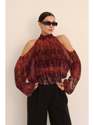 Nidam Butik Kadın Halter Yaka Full Transparan Omuz Dekolteli Bluz