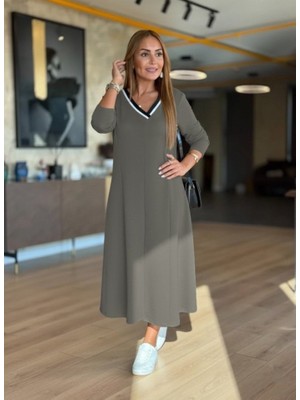Gökyüzü Moda Kadın Uzun Kollu V Yakalı Midi Çağla Yeşili Modal Elbise