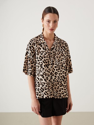 Lc Waikiki Yeni Sezon Leopar Desenli Keten Karışımlı Kadın Gömlek