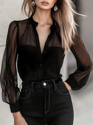 Gökyüzü Moda Kadın Uzun Kollu Hakim Yakalı Önden Düğmeli Tül Detaylı Trikoton Gömlek