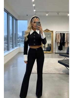 Nidam Butik Kadın Gömlek Detay Çixgili Ceket ve Bol Paça Pantolon Ikili Takım