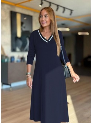 Gökyüzü Moda Kadın Uzun Kollu V Yakalı Midi Çağla Yeşili Modal Elbise