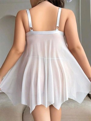 Aria's Closet Arias Closet Büyük Beden Beyaz Kalın Askılı Kurdelalı Fantezi Tül Gecelik