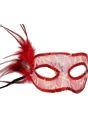 Kırmızı Yandan Tüylü Payetli Parti Maskesi