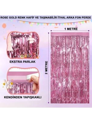 Ekstra Metalize Parlak Saçaklı Arka Fon Perde Rose Gold