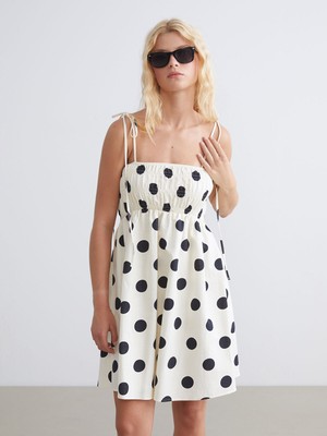 Lc Waikiki Yeni Sezon Puantiyeli Belden Oturtmalı Keten Karışımlı Elbise