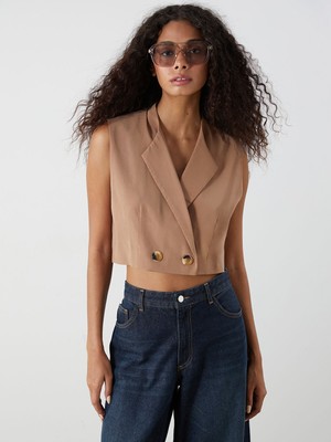 Lc Waikiki Yeni Sezon Kruvaze Yaka Crop Kadın Klasik Yelek