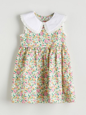 Lc Waikiki Yeni Sezon Keten Karışımlı Çiçekli Kız Çocuk Elbise