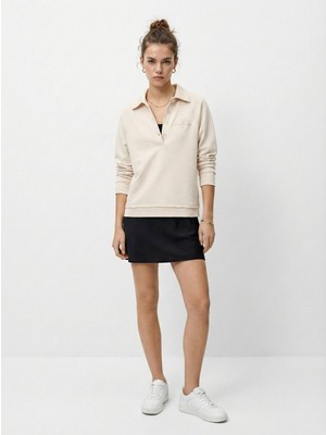 LTB Polo Yaka Düğmeli Bej Sweatshırt