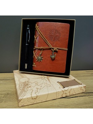 Erseyy Pusula Baskılı Deri Defter Kalem Seti