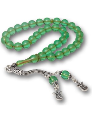 Erseyy Gümüş Püsküllü Yeşil Yuvarlak Sıkma Kehribar Tesbih