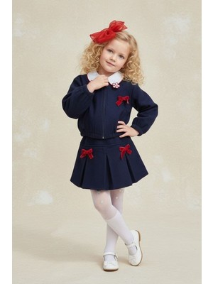 Miniğimin Cicileri Kaşe Ceketli Çiçek Nakışlı Gömlek ve Etek 4’lü Kız Takımı -Lacivert