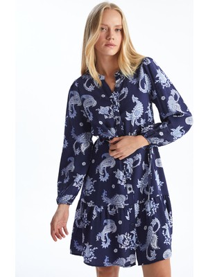 Lc Waikiki Yeni Sezon Kaçık Yaka Desenli Kadın Gömlek Elbise