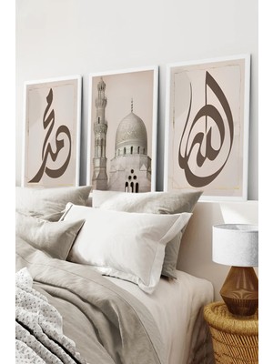 KutuTR Beyaz Çerçeveli 2d Uv Baskı 3’lü Mdf Tablo–“allah – Muhammed” Hat ve Cami Manzaralı-Beyaz CRV1230