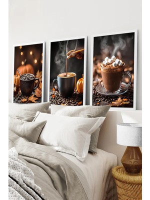 KutuTR Beyaz Çerçeveli 2d Uv Baskı 3’lü Mdf Tablo Set – Sonbahar Kahvesi Temalı- Beyaz CRV1014