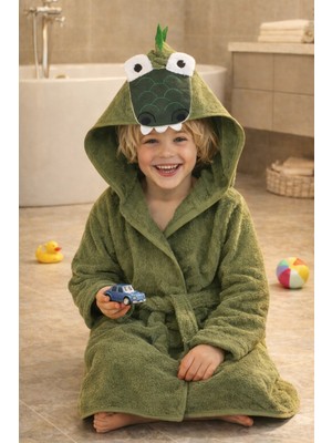 Ely Parker Kapüşonlu Çocuk Bornoz Pamuklu Kız-Erkek Bebek Çocuk Bornozu Hayvan Timsah Yeşil