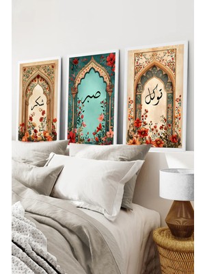 KutuTR Beyaz Çerçeveli 2d Uv Baskı 3’lü Mdf Tablo Set – Şükür – Sabır – Tevekkül Yazılı - Beyaz CRV1081