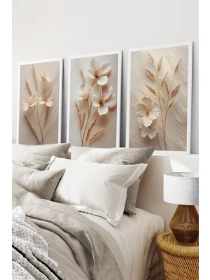 KutuTR Beyaz Çerçeveli 2d Uv Baskı 3’lü Mdf Tablo Set – Çiçek ve Doğal Başak Deseni - Beyaz CRV1039