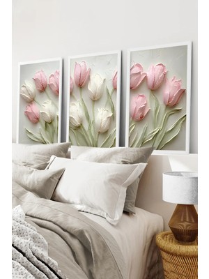 KutuTR Beyaz Çerçeveli 2d Uv Baskı 3’lü Mdf Tablo Set – Çiçek Temalı - Beyaz CRV1025