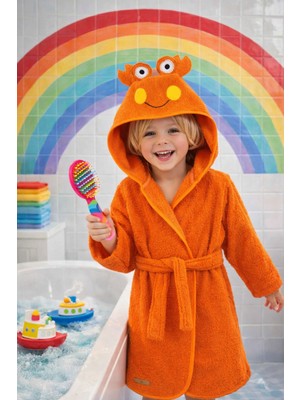 Ely Parker Kapşonlu Çocuk Bornoz Pamuklu Turuncu Yengeç Hayvan