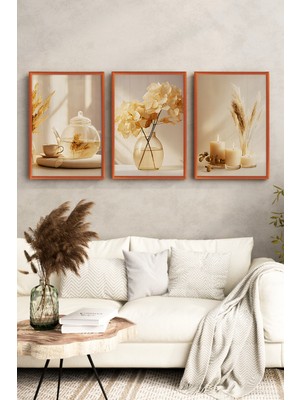 KutuTR Bakır Renkli Ahşap Çerçeveli 2duv Baskı 3’lü Mdf Tablo–kuru Başak ve Cam Vazo Detaylı-Bakır CRV1168