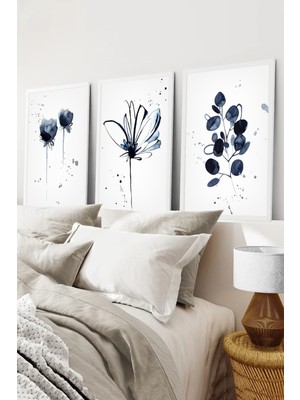 KutuTR Beyaz Çerçeveli 2d Uv Baskı 3’lü Mdf Tablo Set – Minimal Suluboya Çiçek Desenli - Beyaz CRV1041