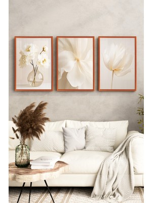 KutuTR Bakır Renkli Ahşap Çerçeveli 2duv Baskı 3’lü Mdf Tablo–beyaz Çiçek Motif Zarif Minimal-Bakır CRV1149