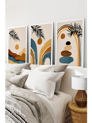 KutuTR Beyaz Çerçeveli 2d Uv Baskı 3’lü Mdf Tablo–modern Bohem Soyut Desenli-Beyaz CRV1177