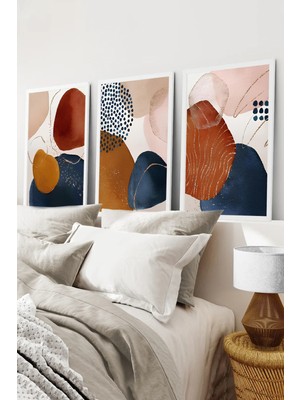 KutuTR Beyaz Çerçeveli 2d Uv Baskı 3’lü Mdf Tablo–toprak Tonlarında Modern Soyut Desen-Beyaz CRV1127