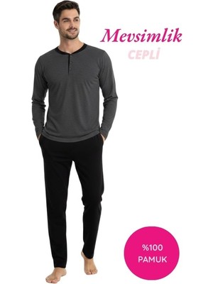 Bie's Erkek Füme 3 Düğmeli %100 Pamuk Mevsimlik Uzun Kol Cepli Pijama Takımı