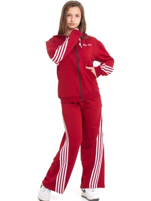 Miniğimin Cicileri Minigimin Cicileri Şeritli Dri Fit Kapşonlu Kız Çocuk 2 Li Eşofman Takımı - Bordo