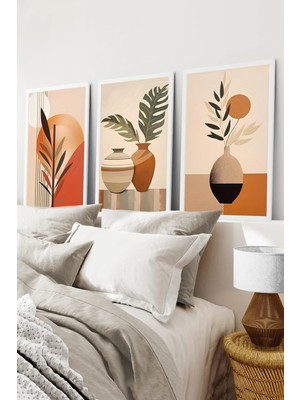 KutuTR Beyaz Çerçeveli 2d Uv Baskı 3’lü Mdf Tablo Set –modern Vazo ve Yaprak Temalı - Beyaz CRV1059