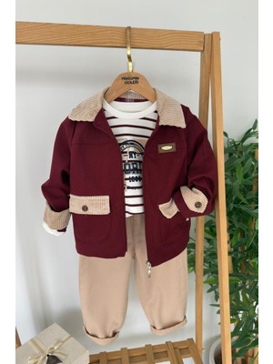 Miniğimin Cicileri Minigimin Cicileri Kadife Yaka Detaylı Erkek Çocuk 3 Lü Ceketli Takım - Bordo