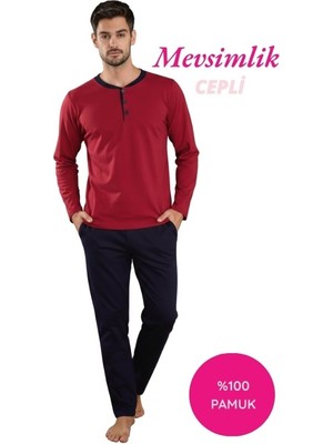 Bie's Erkek Kırmızı 3 Düğmeli %100 Pamuk Mevsimlik Uzun Kol Cepli Pijama Takımı