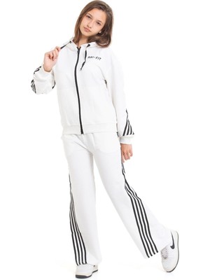 Miniğimin Cicileri Minigimin Cicileri Şeritli Dri Fit Kapşonlu Kız Çocuk 2 Li Eşofman Takımı - Ekru