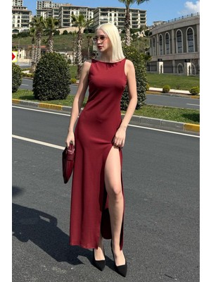 Madmext Bordo Maxi Boy Yırtmaç Detaylı  Kadın Elbise MG2367