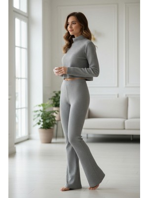 Marsilyan- Kadın Fitilli Eşofman Takımı – Gri Boğazlı Crop Üst & Ispanyol Paça Pantolon, Esnek Rahat Kalıp