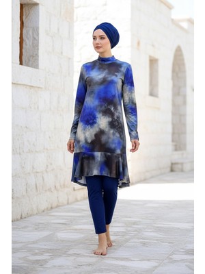 Marina Tam Kapalı Tesettür Mayo Lacivert, Desen Detaylı, Likralı Örme Kumaş, Su İtici 4 Parça Set M2022