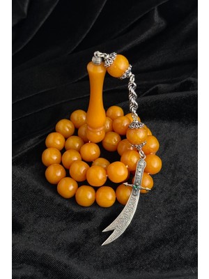 Dergah Tesbih Atölyesi  Şahin Ağa Serisi Gümüş Zülfikar Tasarım Sıkma Kehribar Tesbih